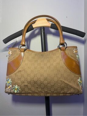 Gucci Beige Brown GG Canvas with aftermarket Floral Appliqué Shoulder Bag